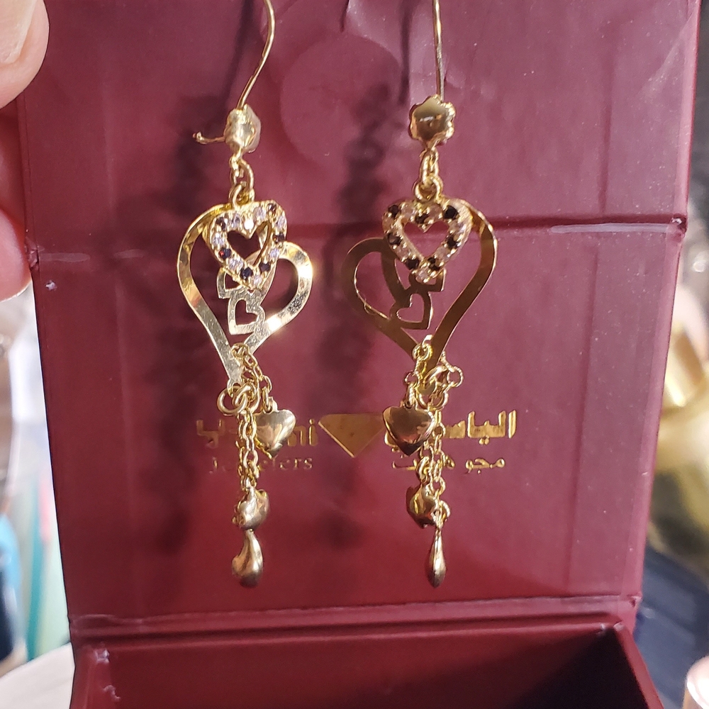 Elegent 18k Solid Gold Hearts Dangle Earrings - image 3